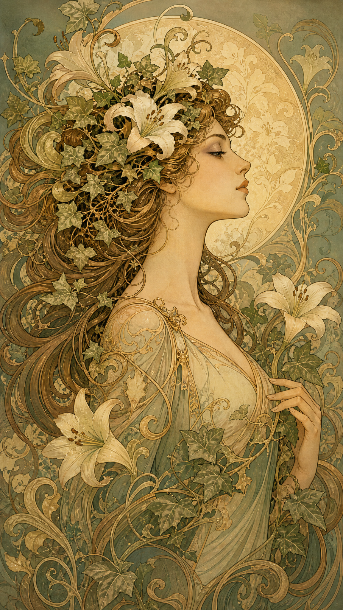Art Nouveau Alphonse Elegant Womans Profile Lilies