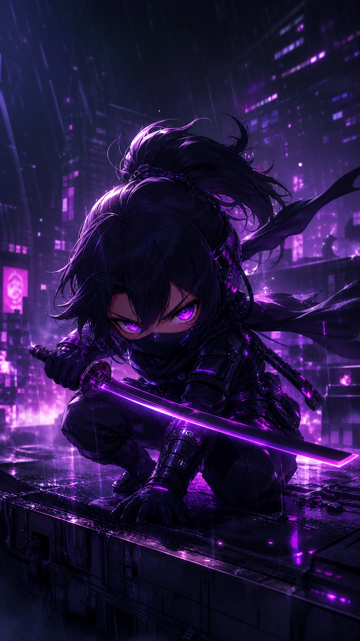 Chibi Cyberpunk Ninja with Glowing Purple Eyes