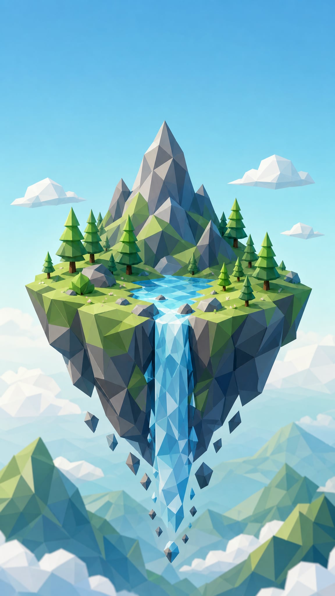 Low Poly wallpaper: Low Poly Floating Island Polygonal Waterfall Tiny 094