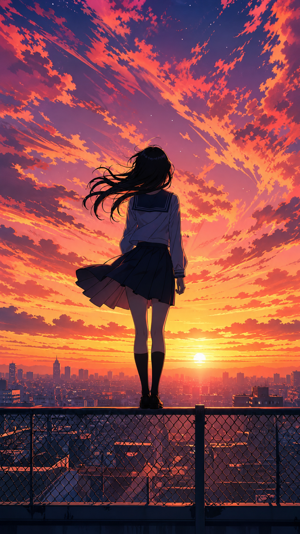 Anime Japanese Schoolgirl Silhouette Rooftop