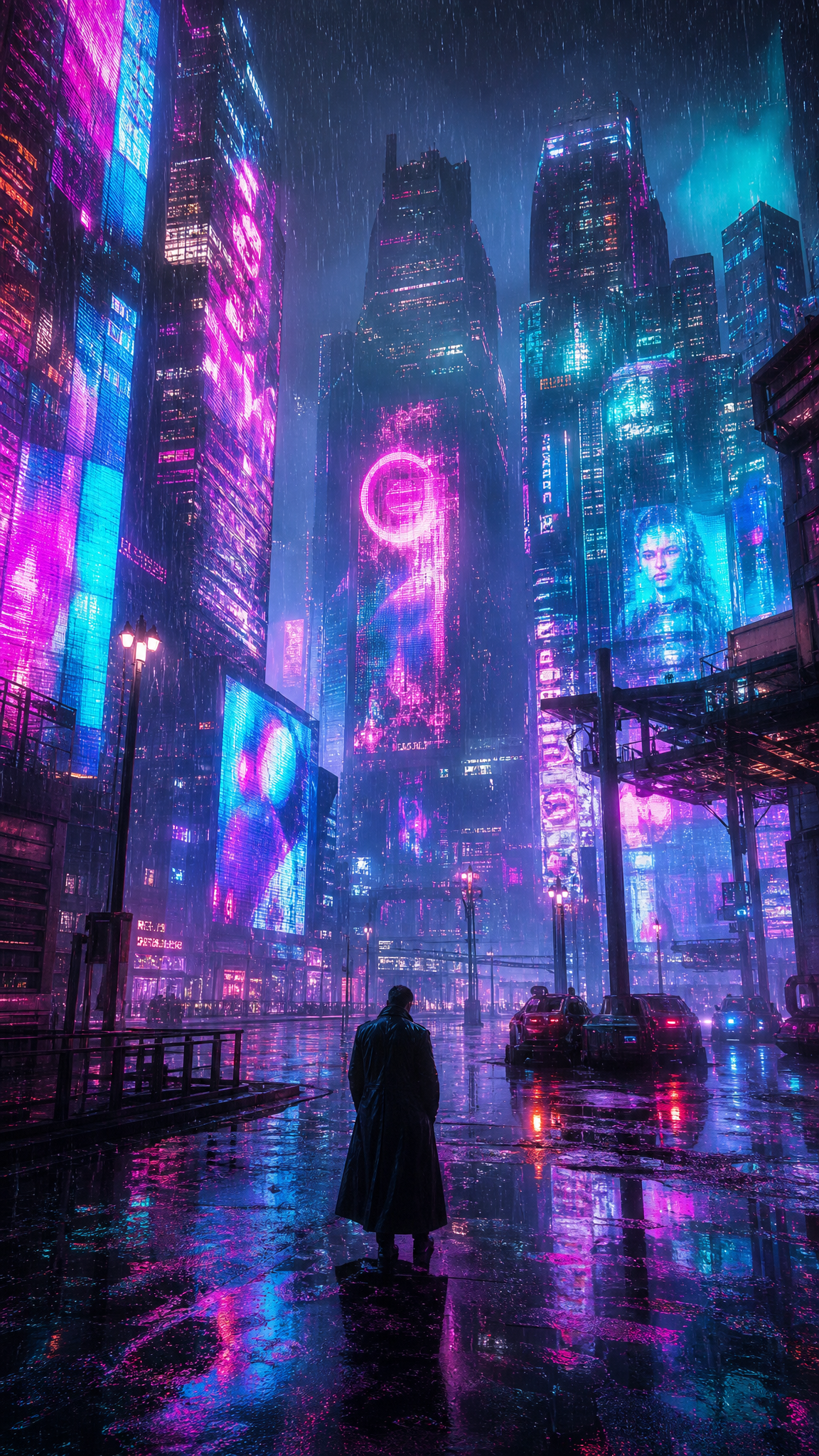 Cyberpunk Megacity Heavy Rainfall Pixel Mesh