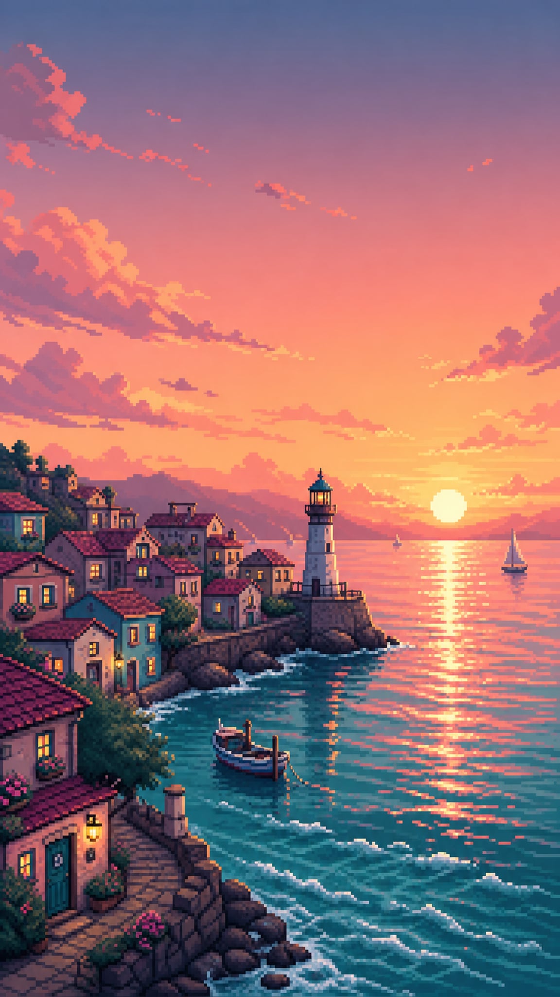Pixel Art Seaside Town Sunset Small