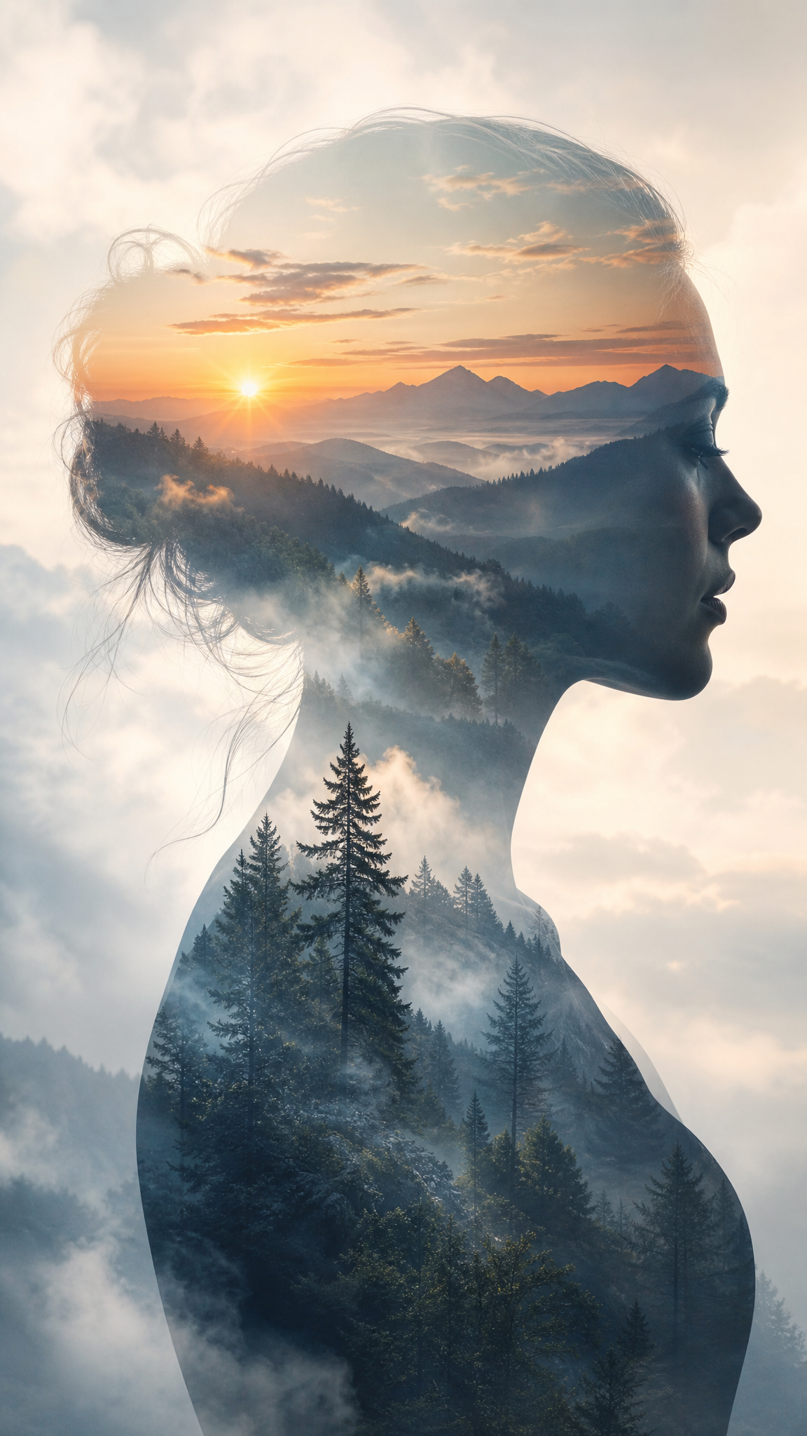 Double Exposure Silhouette of a Womans Profile