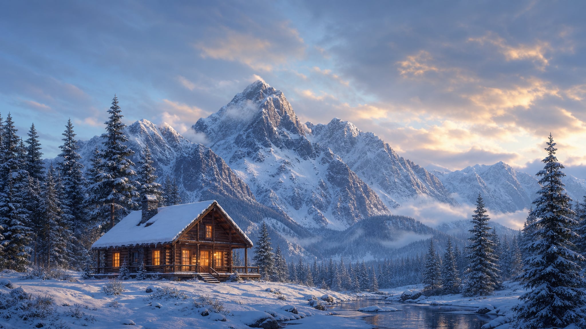 Landscape Snowy Mountain Cabin Desktop