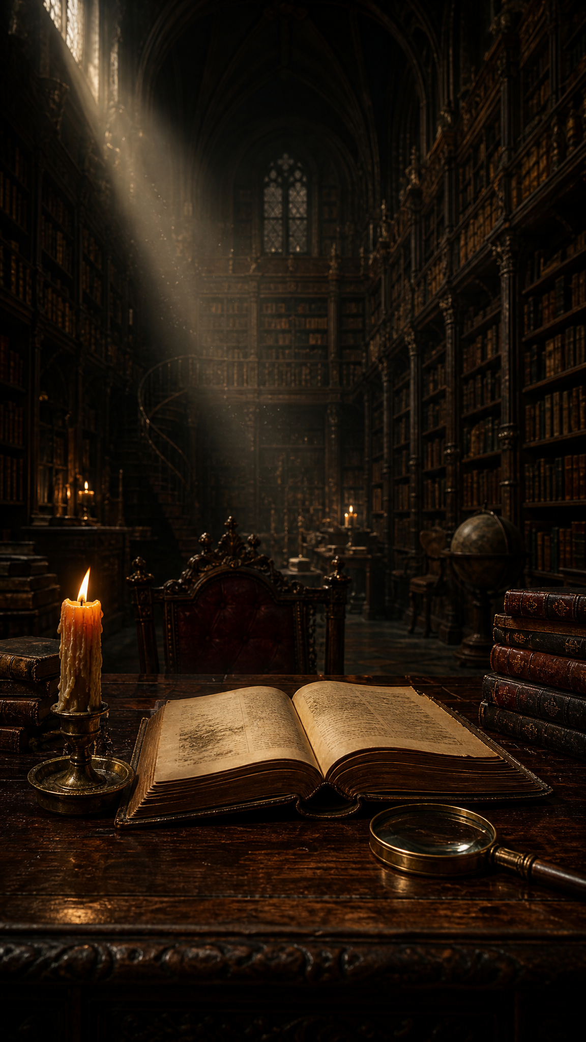 Dark Academia Tome Lying Open Beside a Candle and