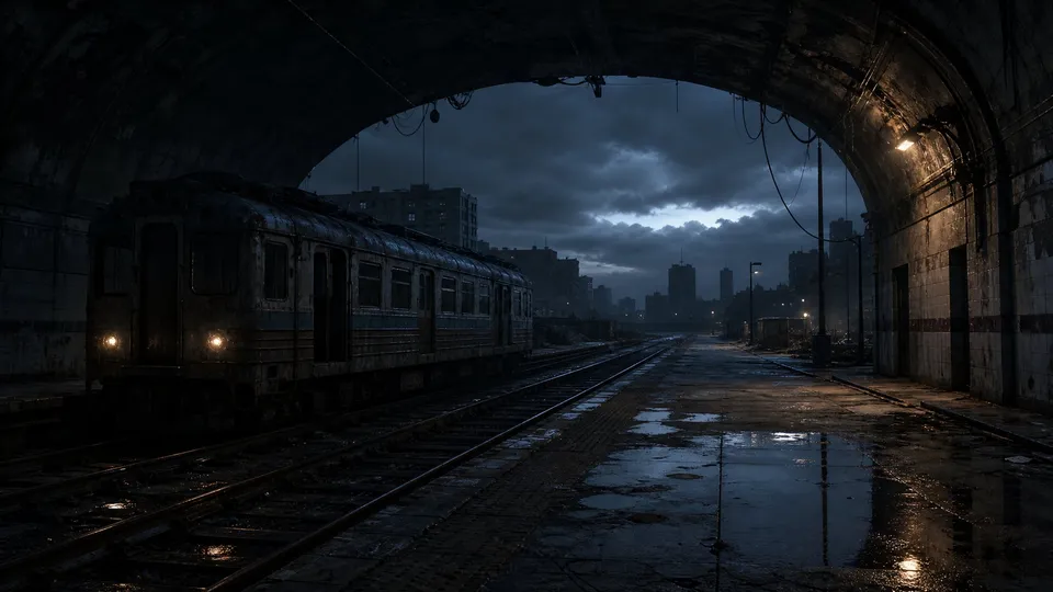 Abandoned Train Station Storm Night Desktop Dark Fantasy - for wall decoration | AI Wallpaper