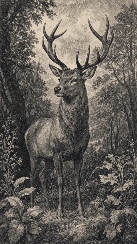 Engraving Albrecht Noble Stag Forest Clearing