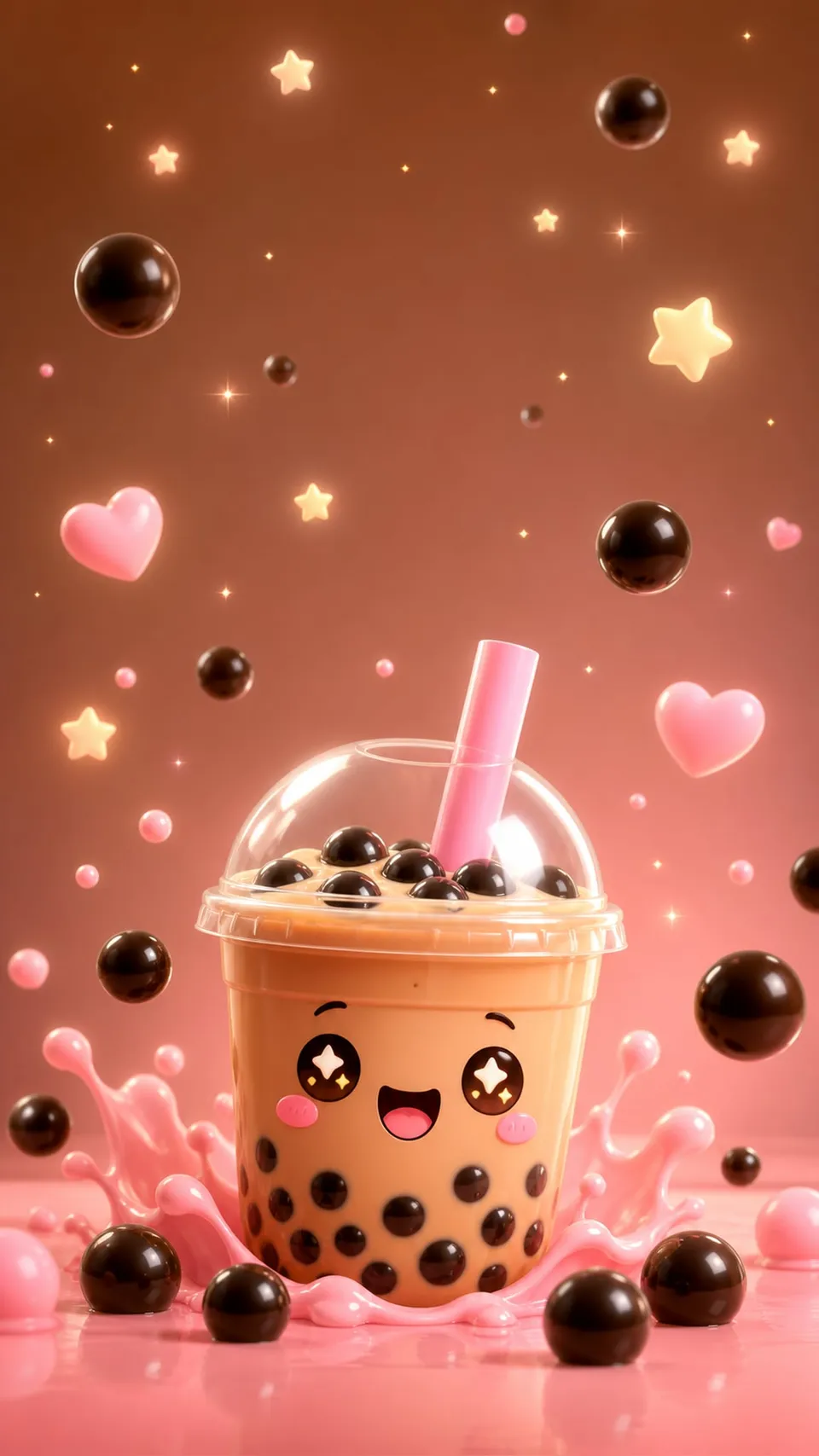 Kawaii Bubble Tea Happy Face Starry Eyes 085 - for wall decoration | AI Wallpaper