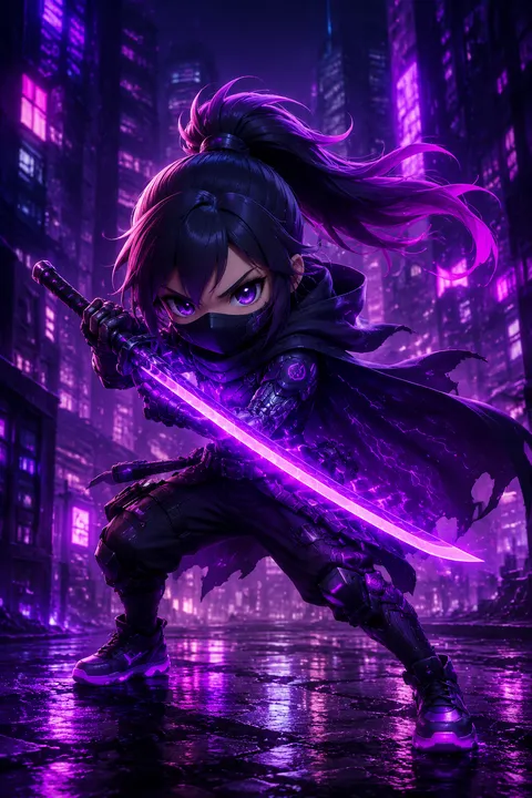 Cyberpunk Chibi Ninja Holding Purple