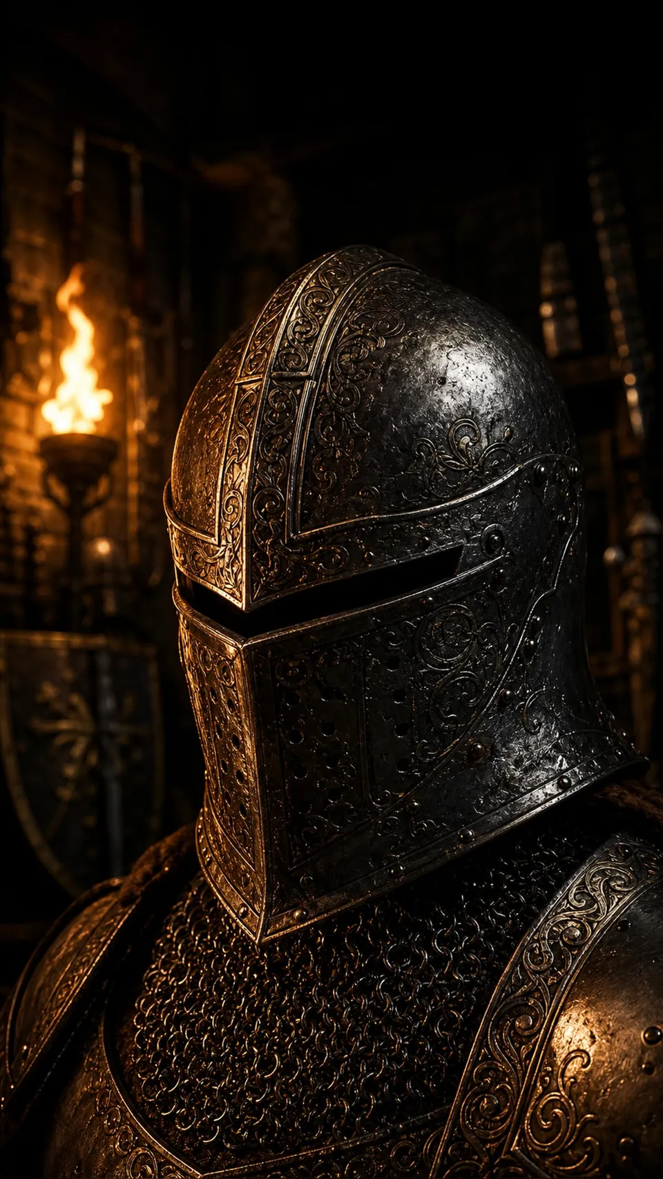 Medieval Close Up Ornate Knight Helmet Chainmail 103 - for wall decoration | AI Wallpaper