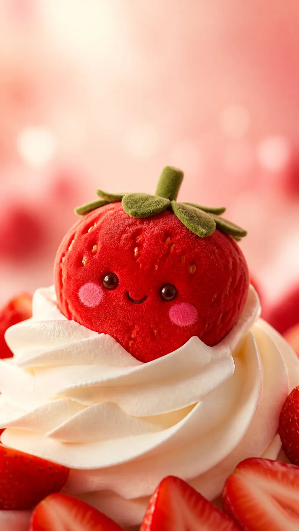 Kawaii Cute Plush Strawberry Blushing Face 084 - for wall decoration | AI Wallpaper