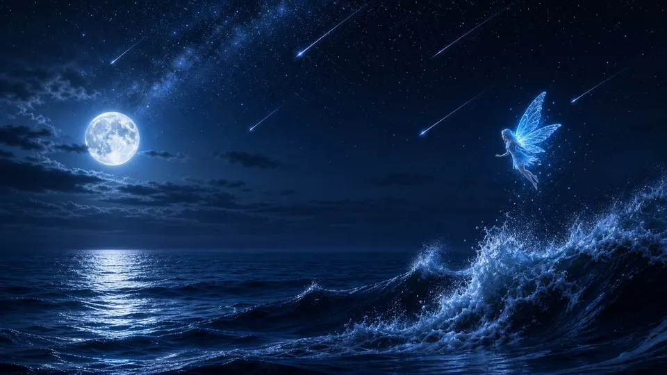 Blue Fairy Meteor Waves Desktop Cinematic - for wall decoration | AI Wallpaper