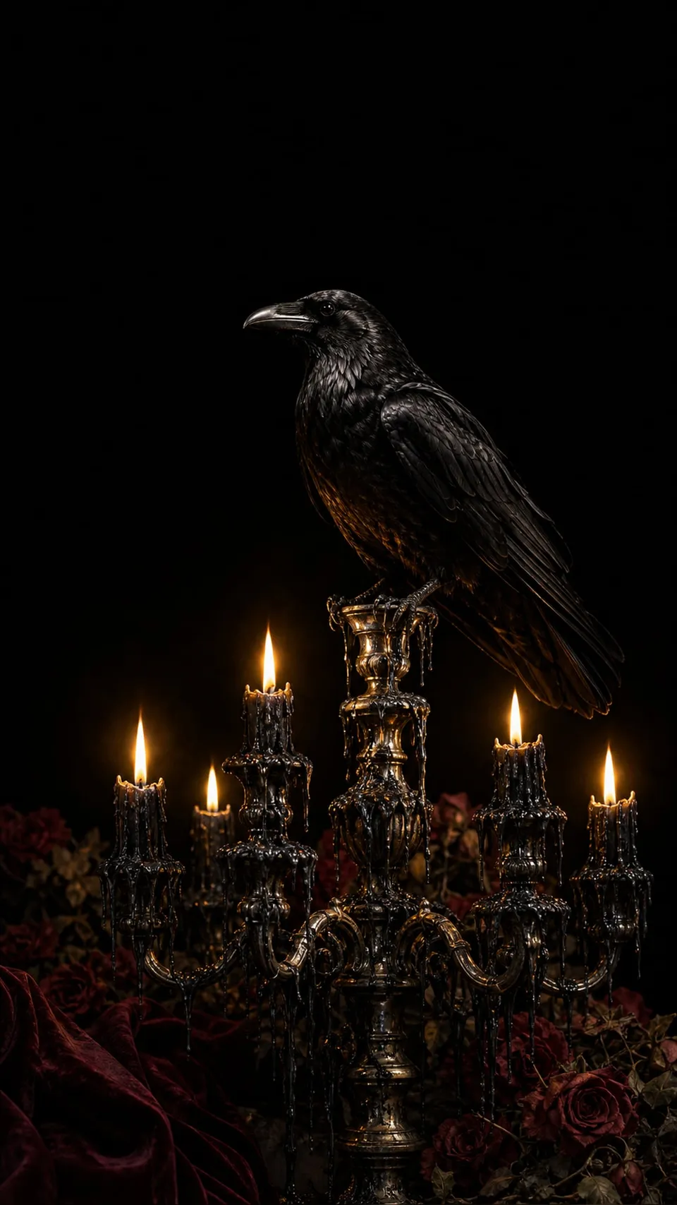 Gothic Glossy Black Raven Perched Tarnished 069 - for wall decoration | AI Wallpaper