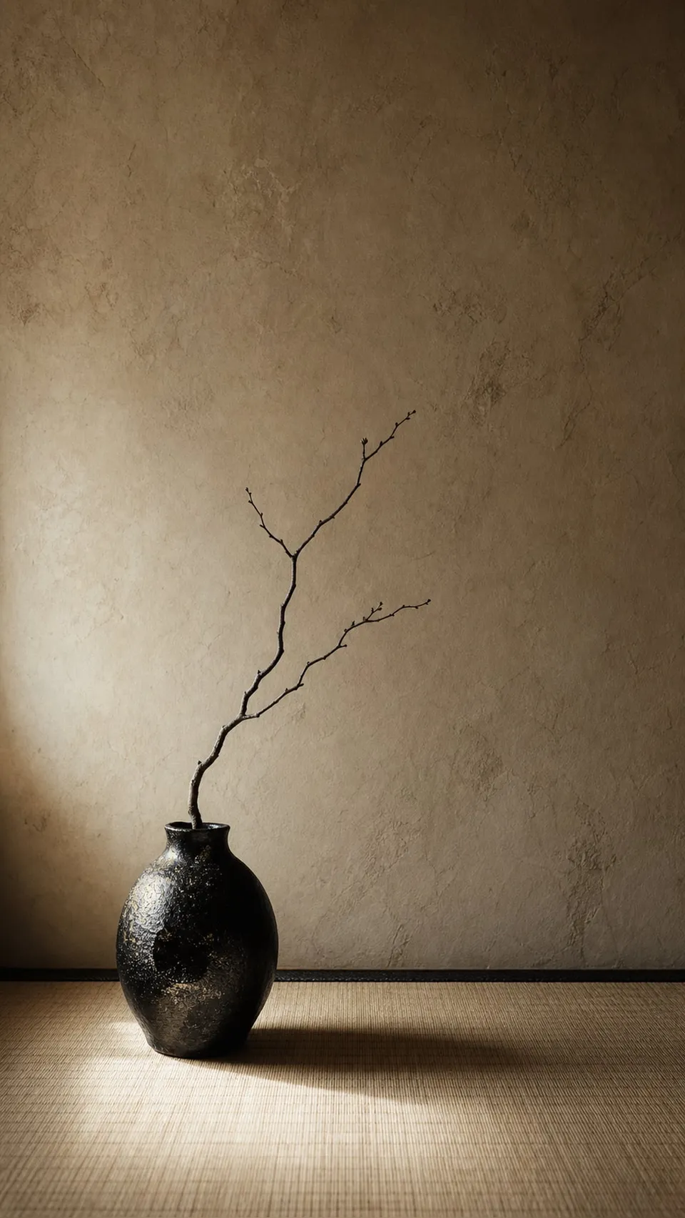 Japanese Minimalism Japanese Minimalist Black Raku Vase Holding 079 - for wall decoration | AI Wallpaper