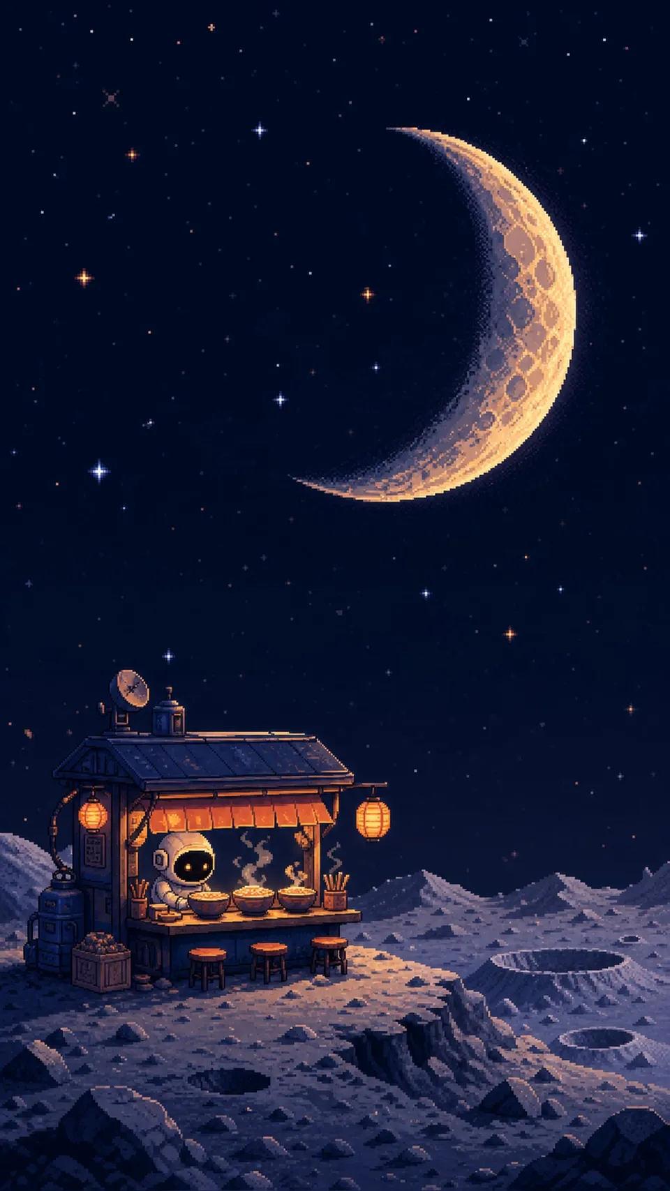 Pixel Art Lunar Noodle Cart Parked Crater 113 - for wall decoration | AI Wallpaper