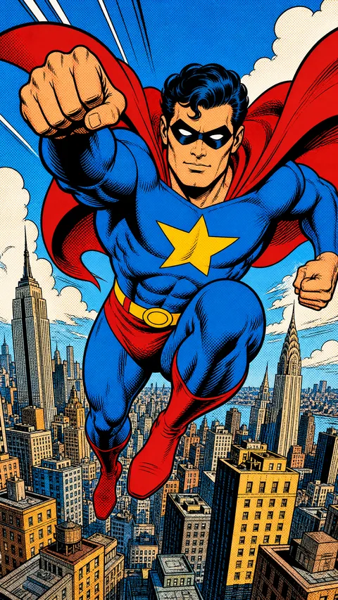 Comic Book Muscular Superhero Air Above a Bustling