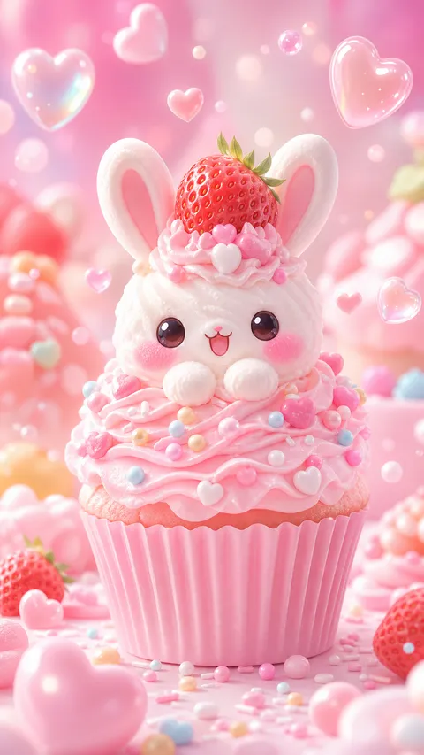 Kawaii Pastel Pink Cupcake Tiny Smiling Bunny