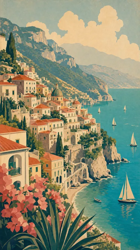 Retro Poster Scene of Pastel Cliffside