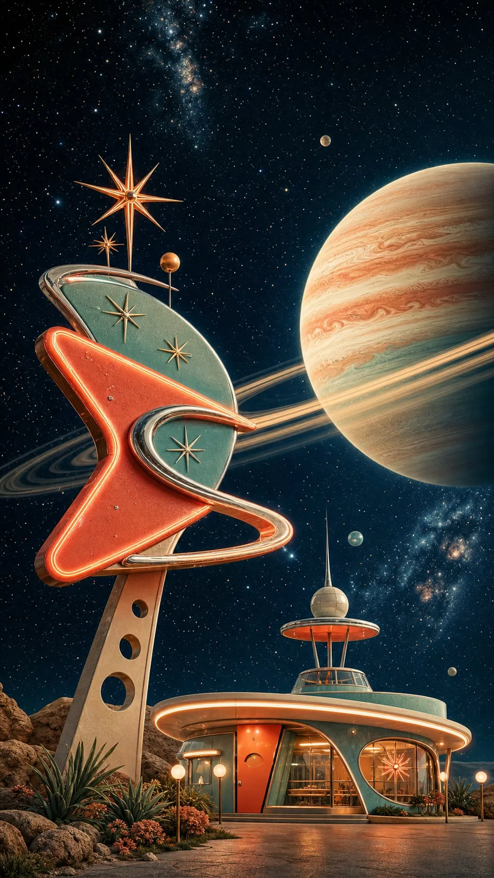 Retro Futurism Retro Futuristic Orbital Motel Sign Floating 119 - for wall decoration | AI Wallpaper
