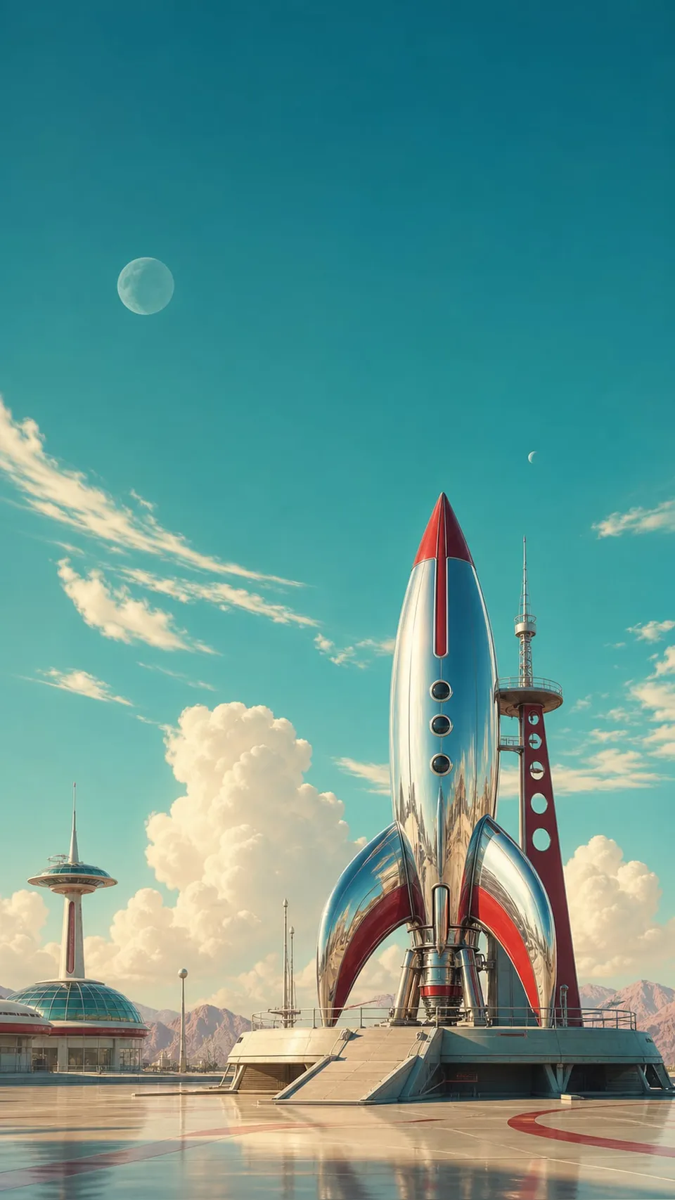 Retro Futurism Retro Futuristic Streamlined Chrome Rocket Poised 120 - for wall decoration | AI Wallpaper