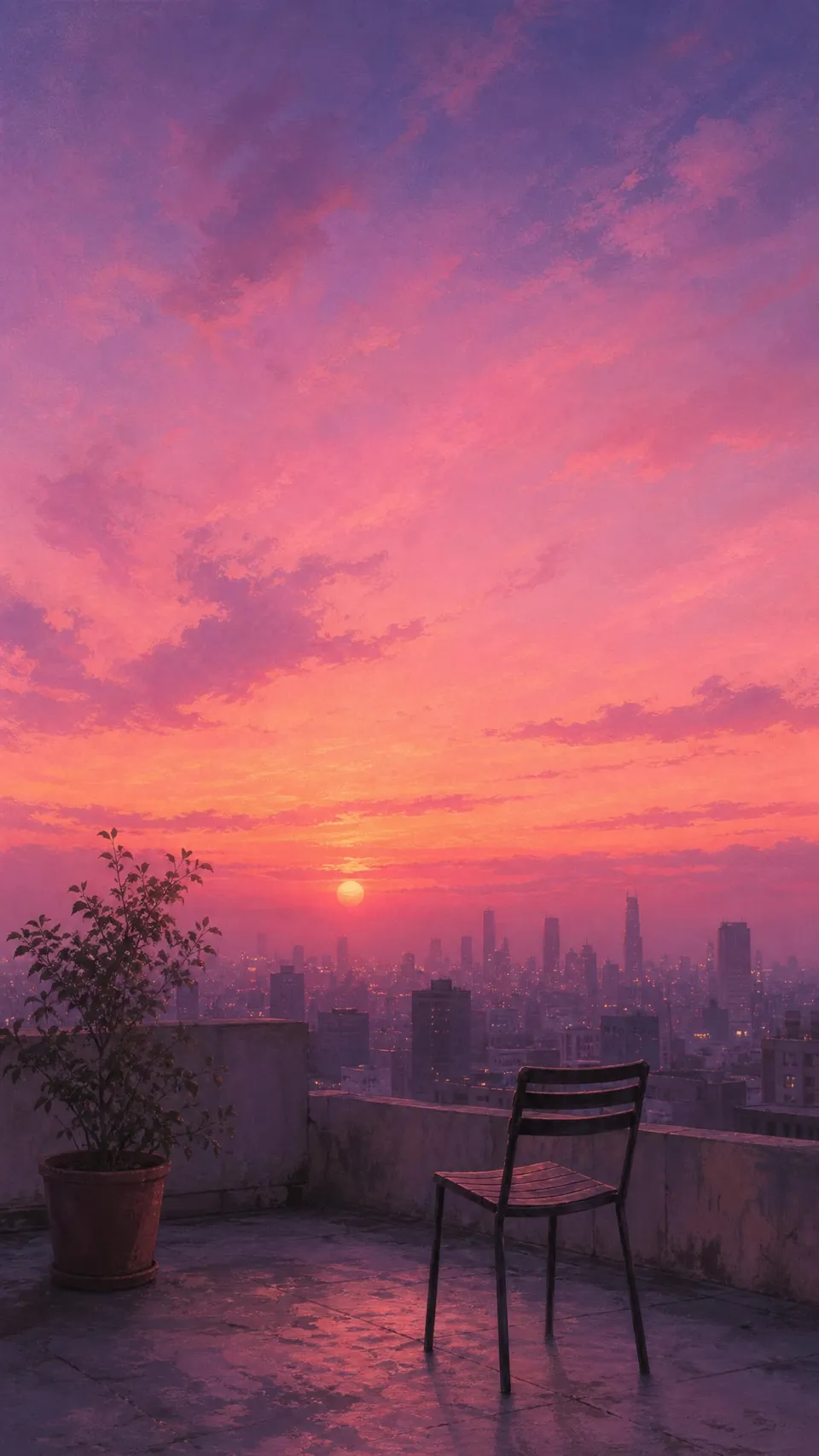 Lofi Rooftop Sunset Single Chair Potted 091 - for wall decoration | AI Wallpaper