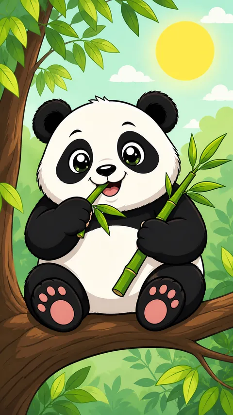 Cartoon Round Chubby Panda Tree Branch