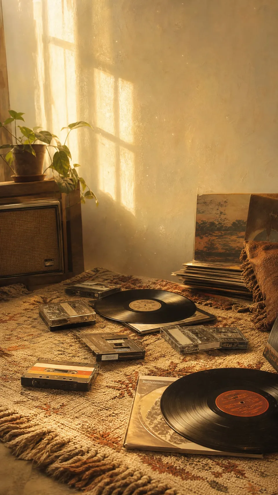 Lofi Scattered Cassette Tapes Vinyl Records 090 - for wall decoration | AI Wallpaper