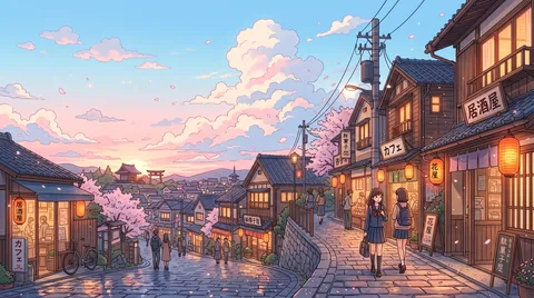 Anime Small Town Street Sunset