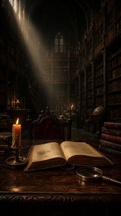 Dark Academia Tome Lying Open Beside a Candle and