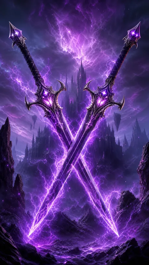 Fantasy Twin Crossed Swords with Electric Purple