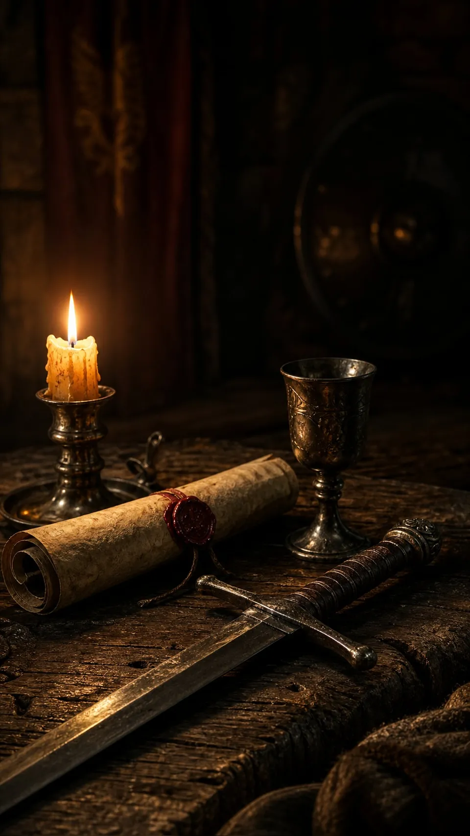 Medieval Wax Sealed Scroll Resting Broadsword Pewter 105 - for wall decoration | AI Wallpaper