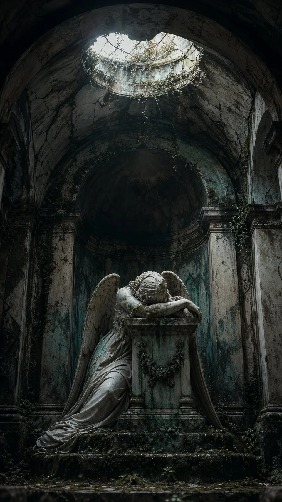 Gothic Weeping Marble Angel Statue Moss Covered 068 - for wall decoration | AI Wallpaper